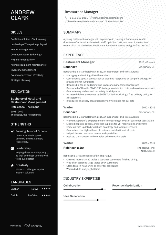 Restaurant Manager resume example