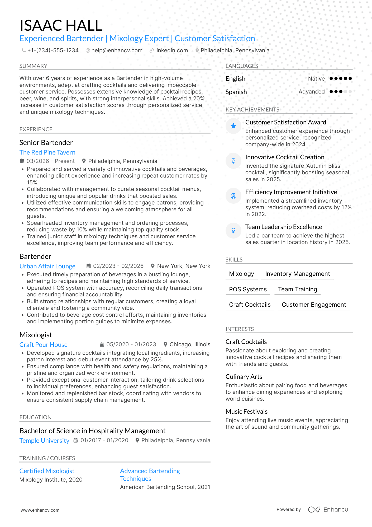 Bartender resume example