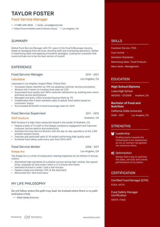 Food Service resume example