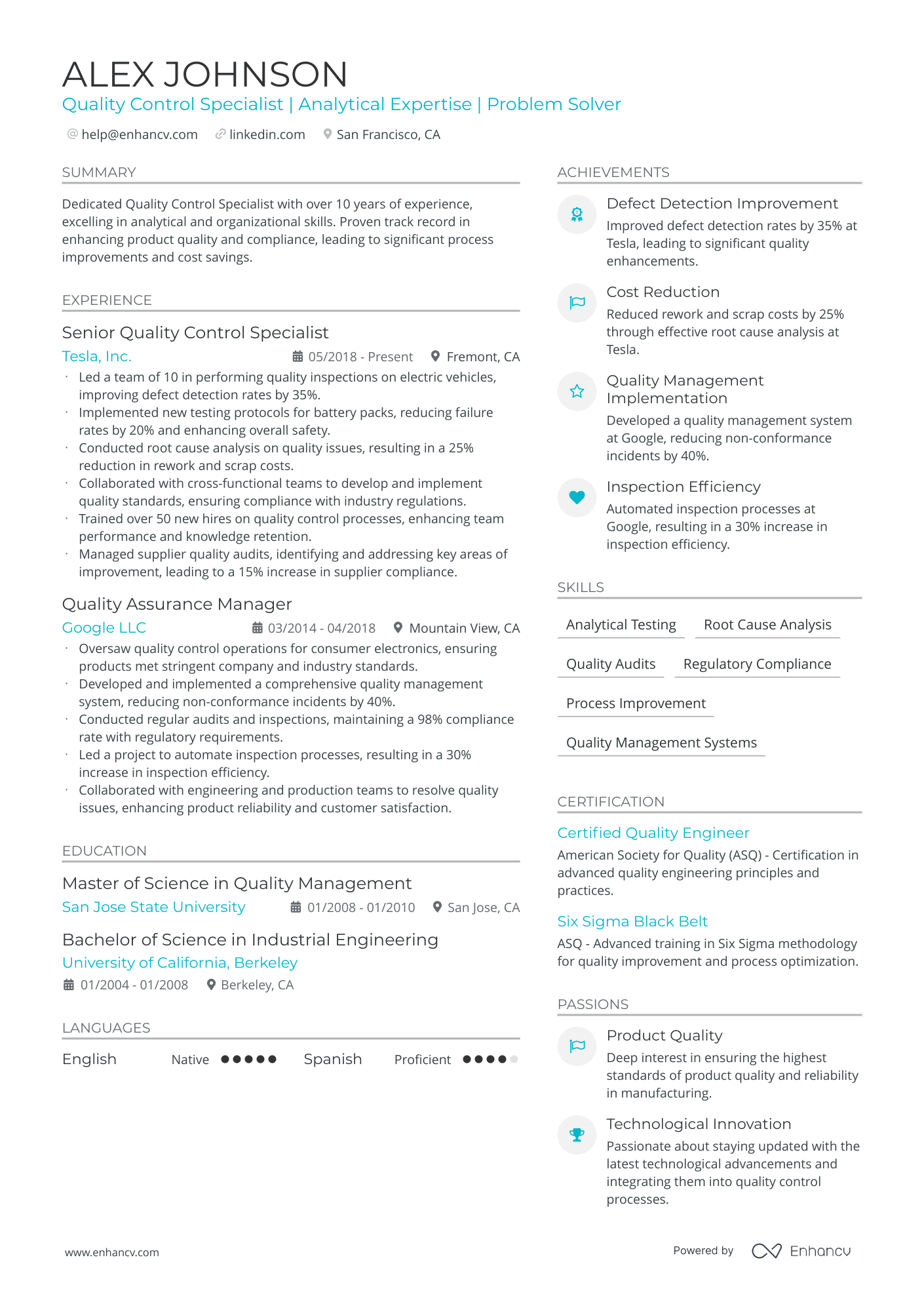 Quality Control resume example