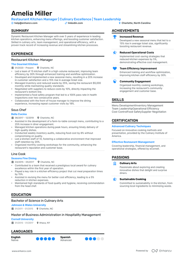 Restaurant Manager resume example