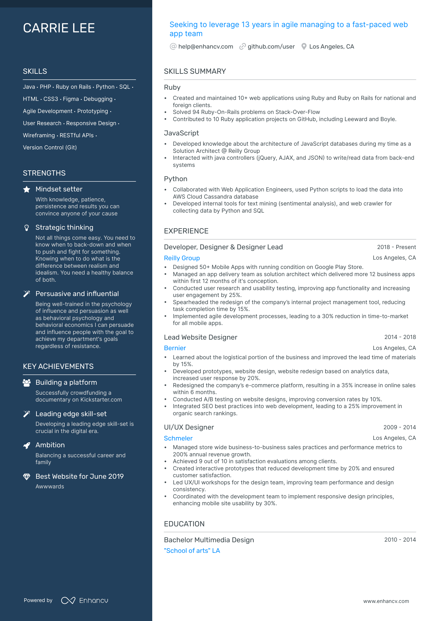 Career pivot resume template with a solid dark orange coloredd left column. Right column contains skills summary typical of career change resume templates, and experience bullet points below.