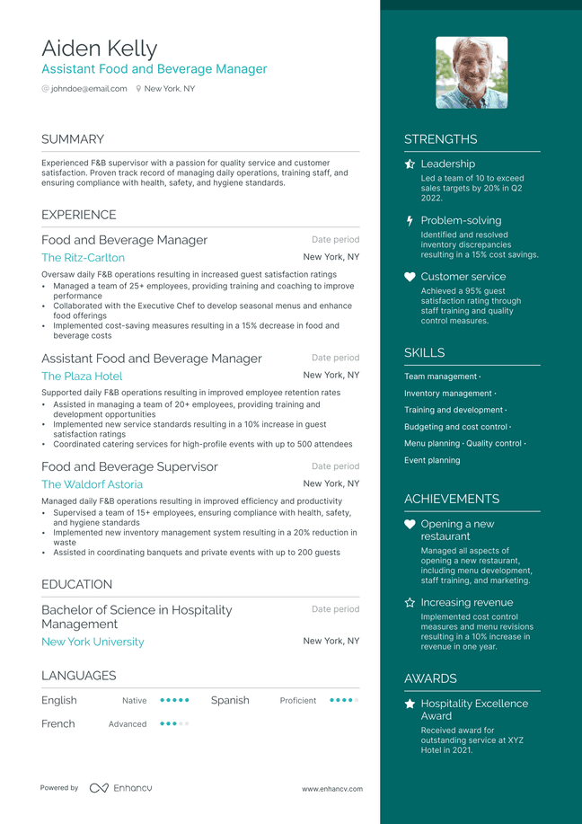 Food and Beverage Manager resume example