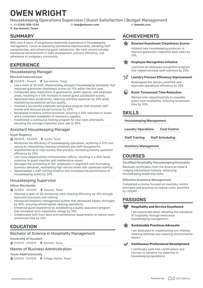 Housekeeping Manager resume example