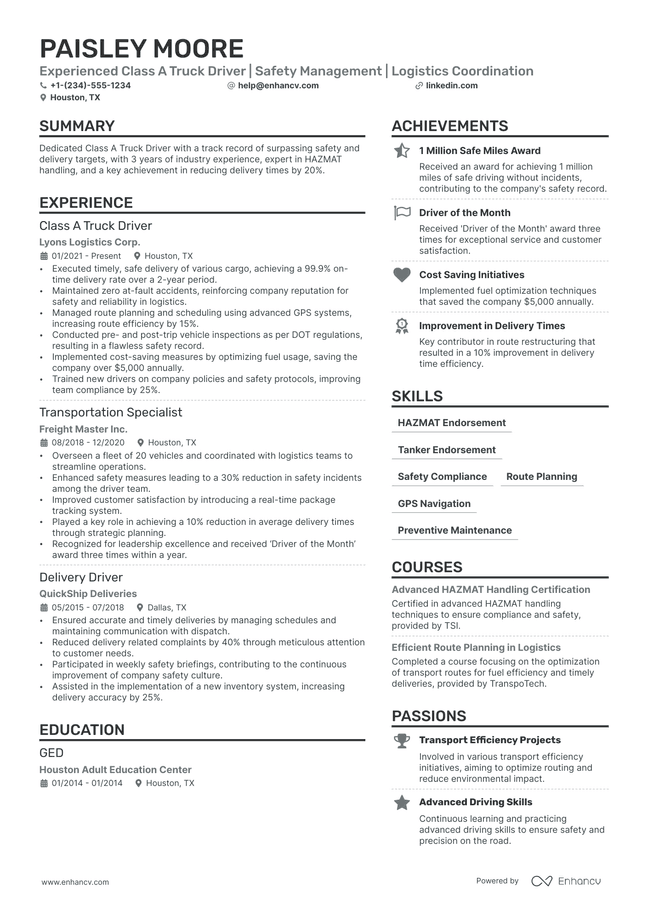 Truck Driver resume example