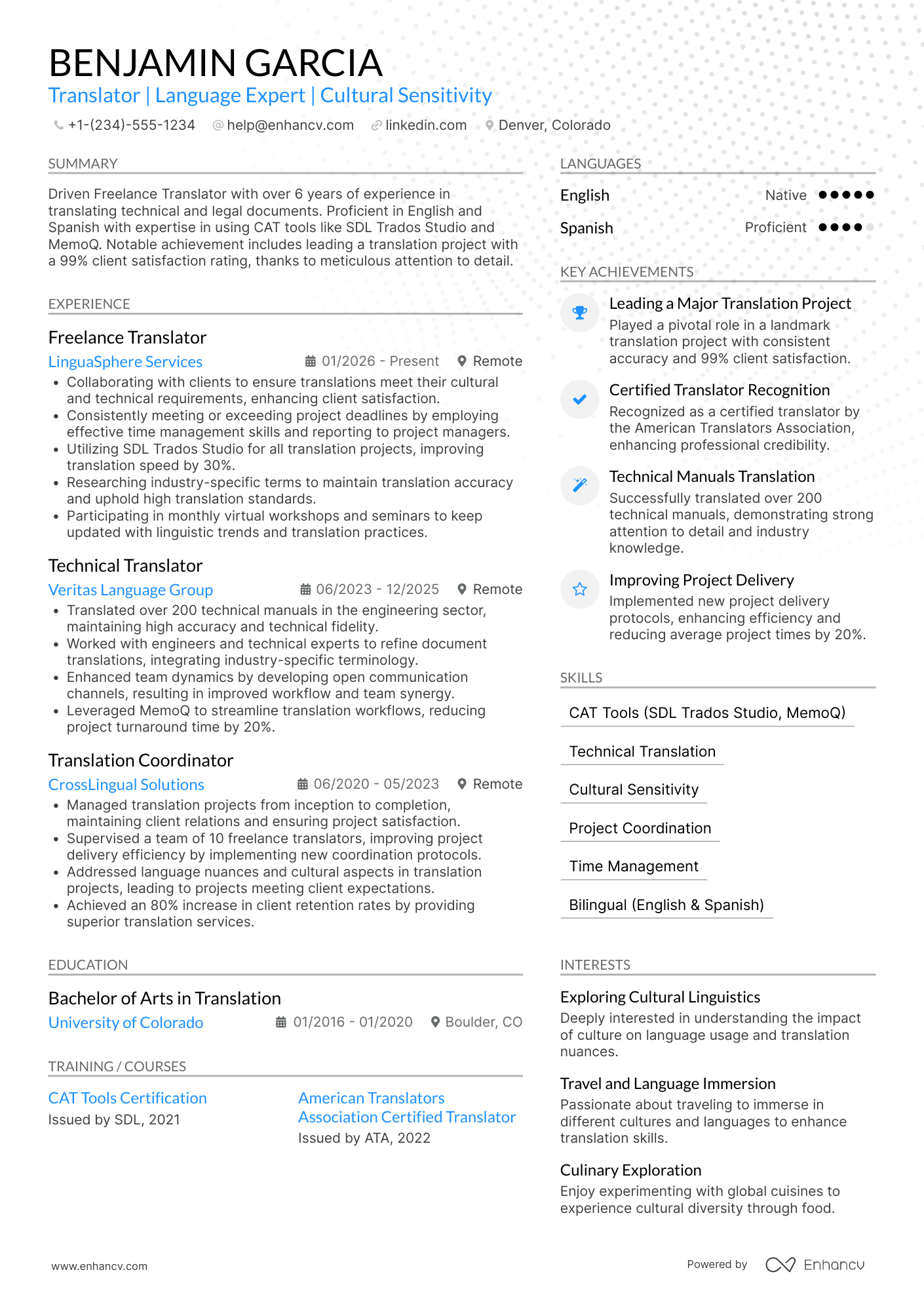 Freelance Translator resume example