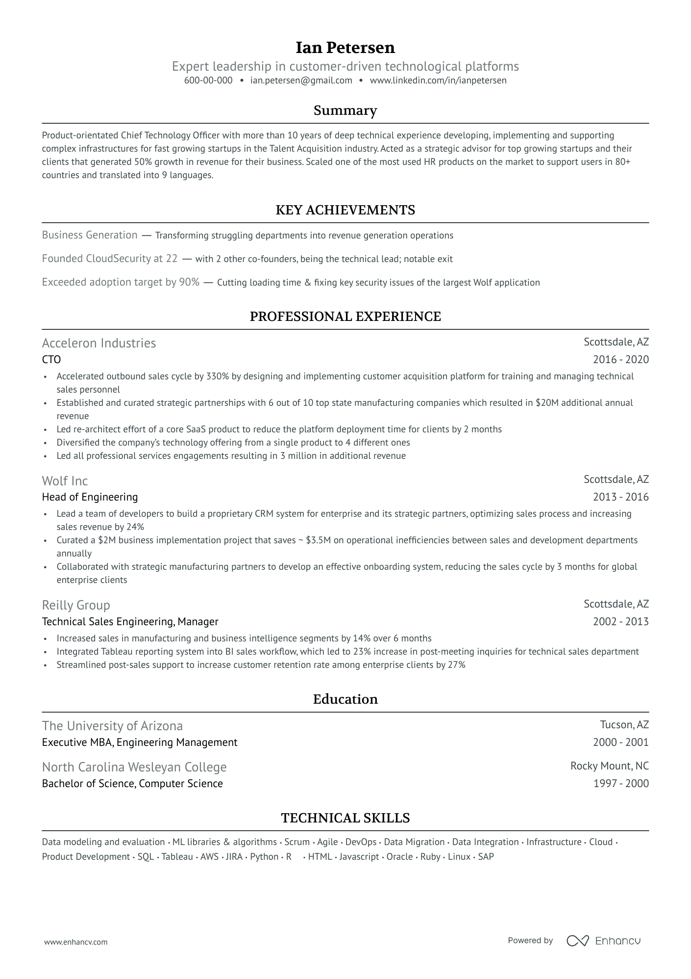 Executive resume template with a dark green accent color for headings, and a single column outline that outlines the content in a reverse chronological order