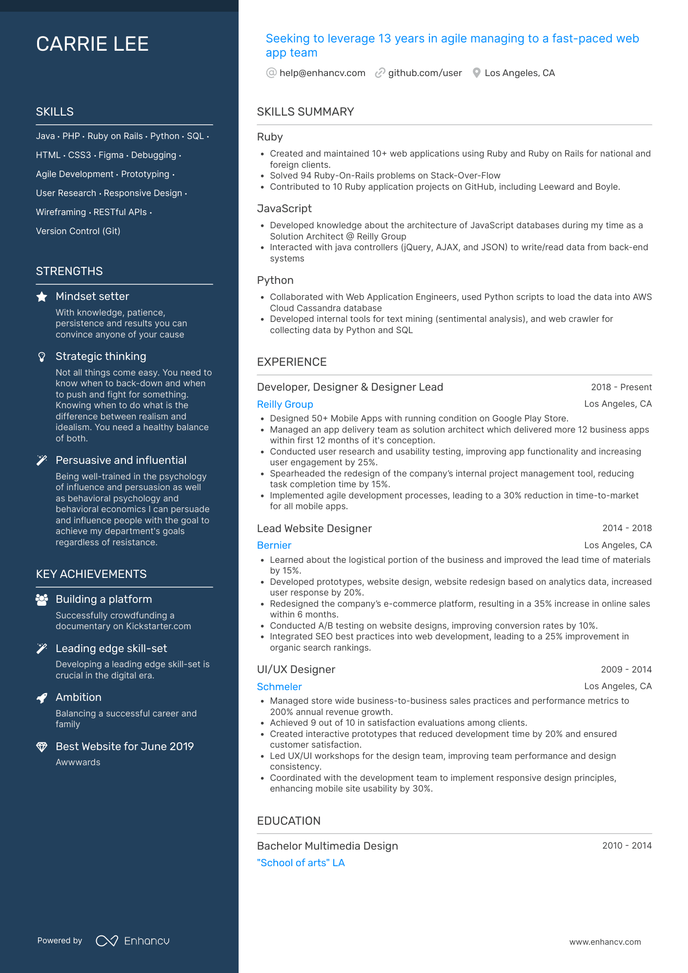 Career change resume template Career pivot resume template with a solid dark orange coloredd left column. Right column contains skills summary typical of career change resume templates, and experience bullet points below.