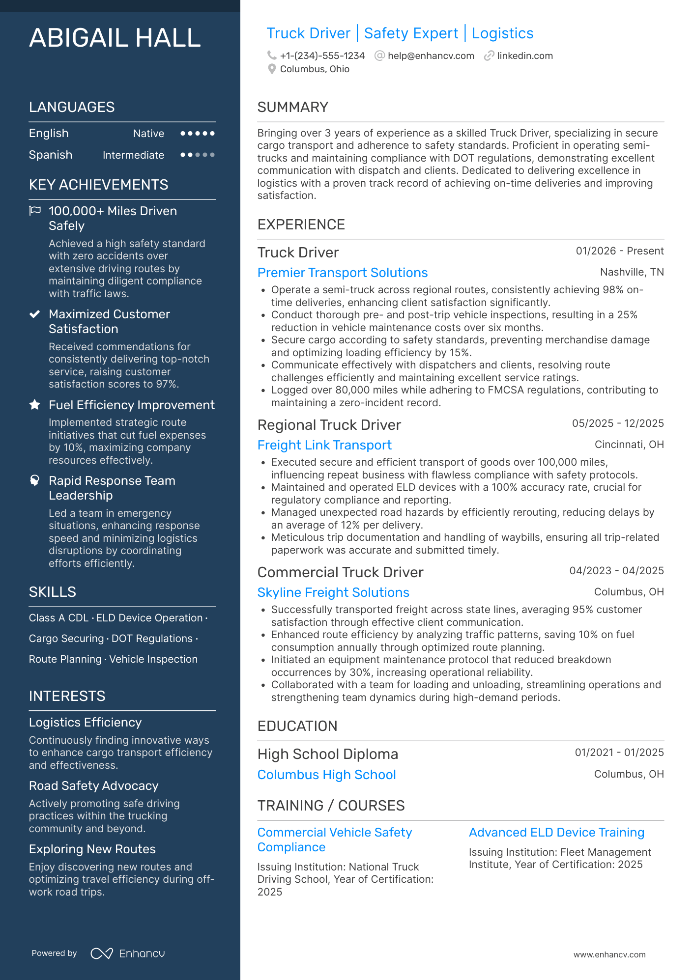 Truck Driver resume example