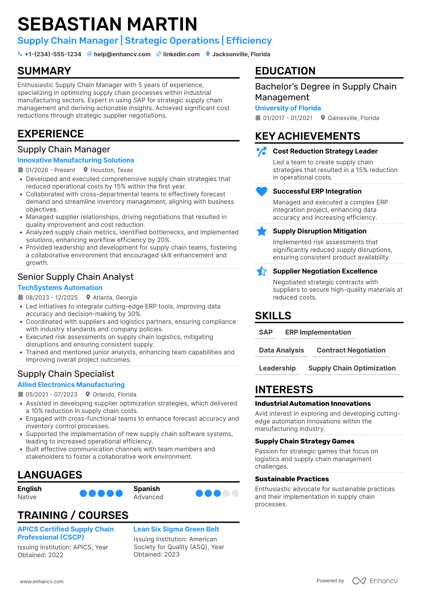 Supply Chain Manager resume example