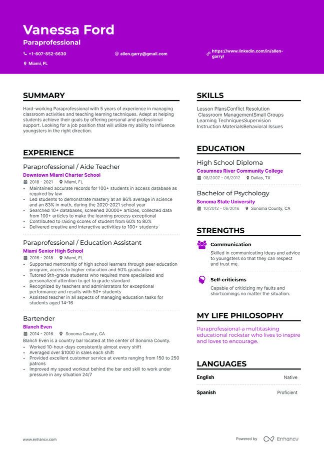 Paraprofessional resume example