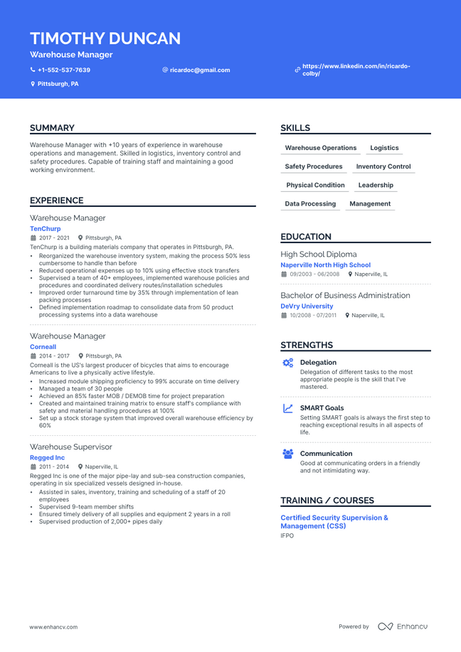 Warehouse Manager resume example
