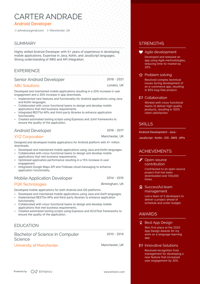 Android Developer resume example