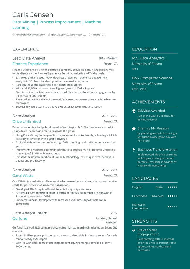 Data Mining resume example