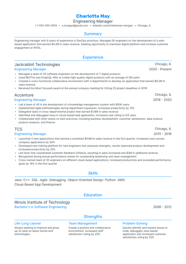 Engineering Manager resume example