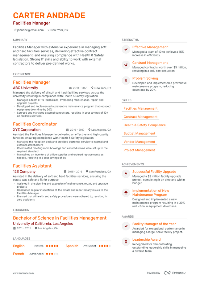 Facilities Manager resume example