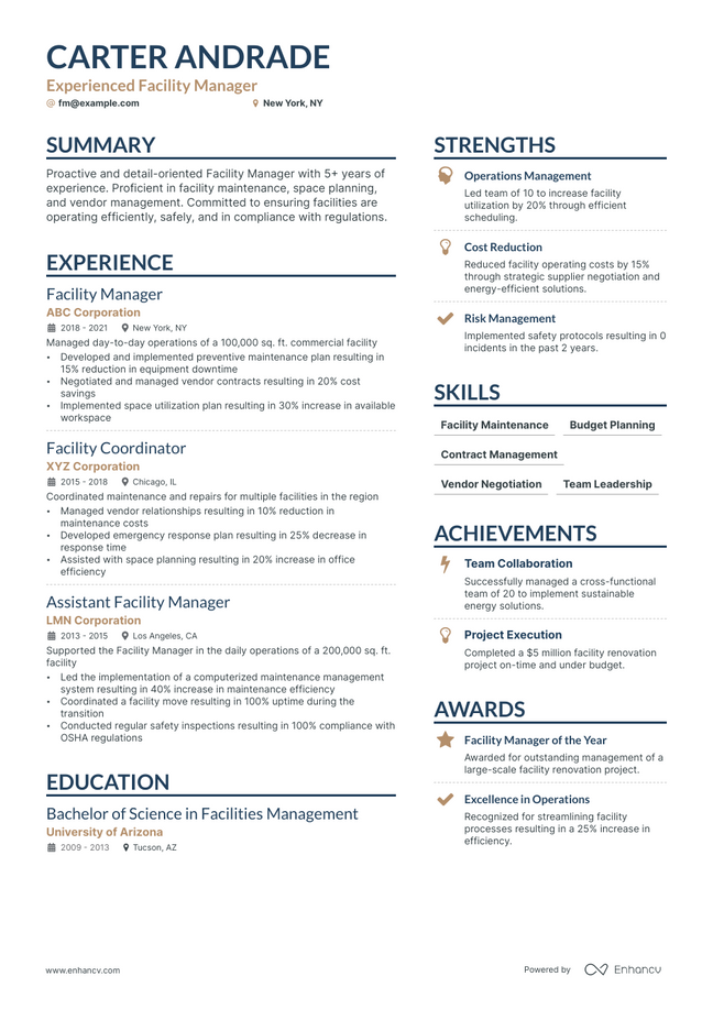 Facilities Manager resume example