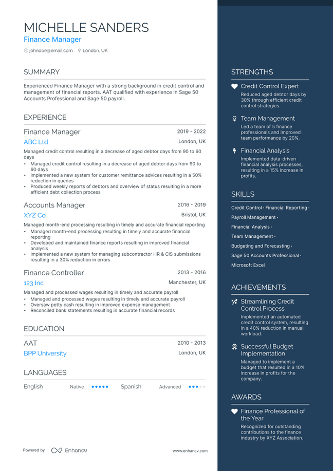 Finance Manager resume example