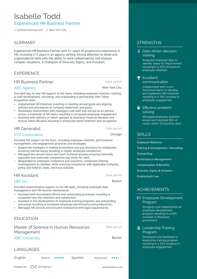 HR Business Partner resume example