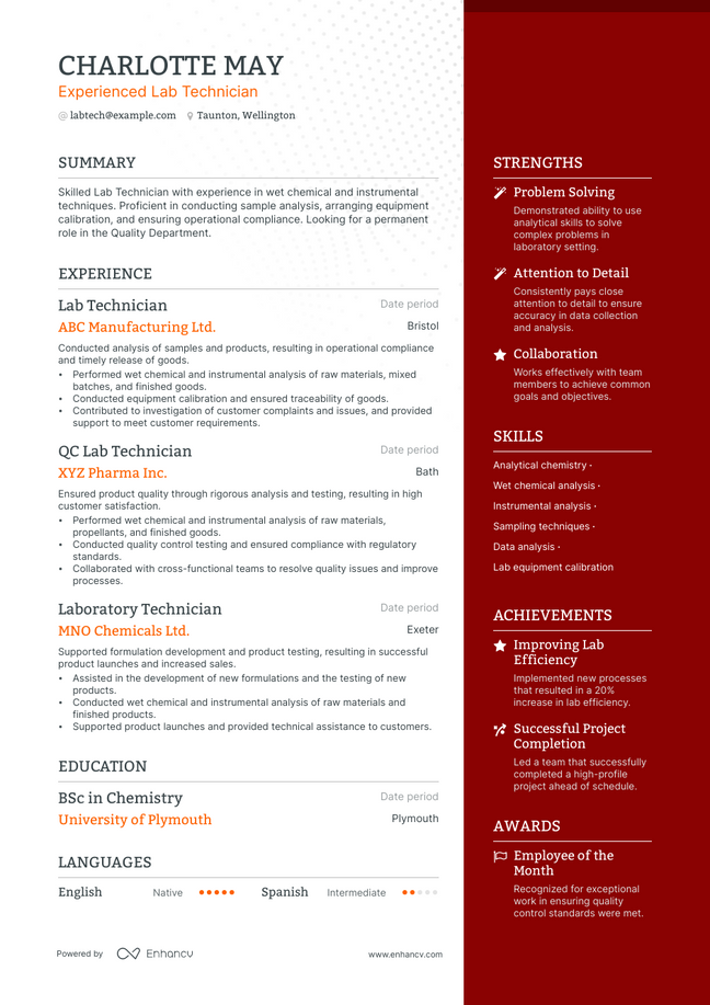 Lab Technician resume example