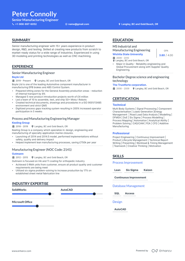 Manufacturing Engineer resume example