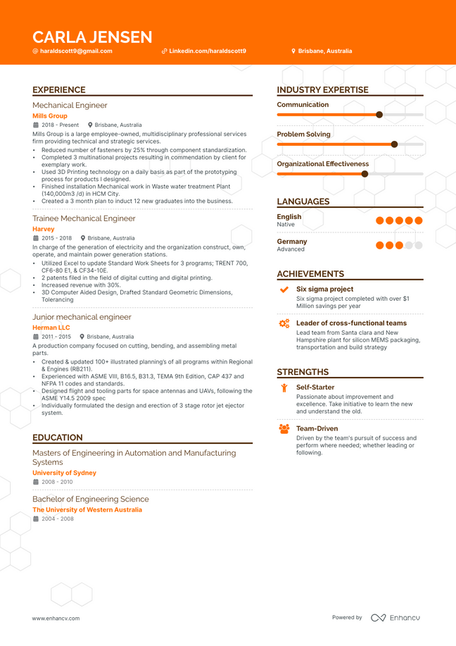 Mechanical Engineer resume example