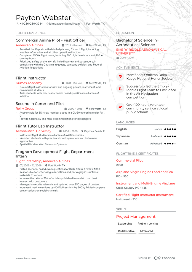 Pilot resume example