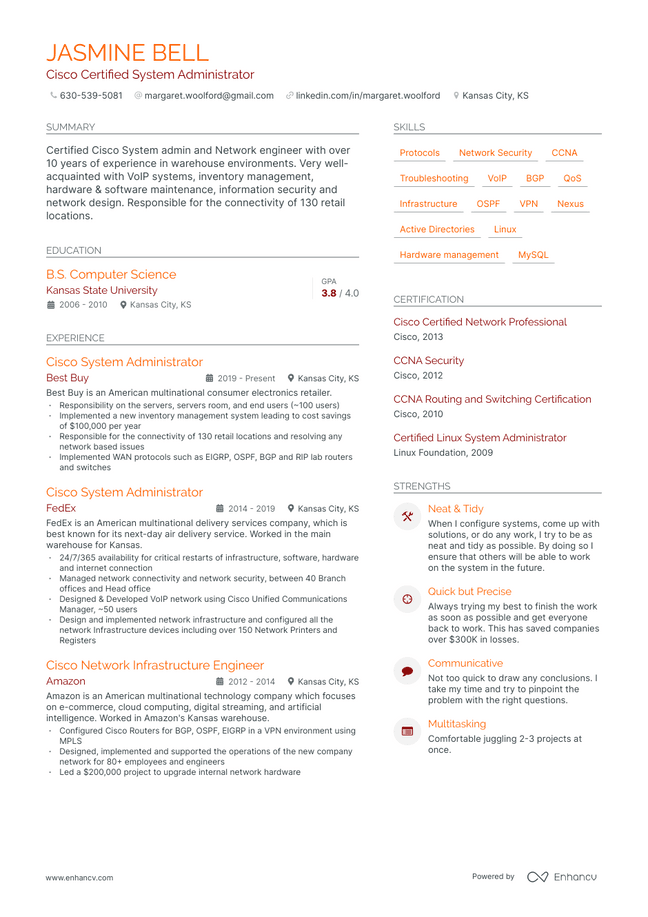 System Administrator resume example