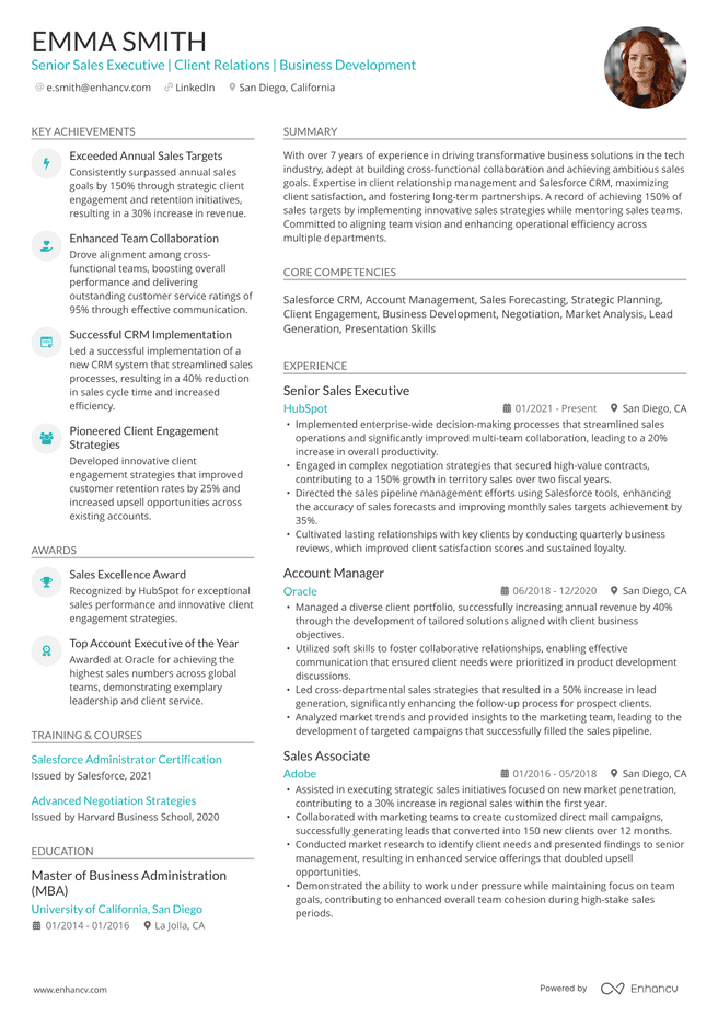 Stylish ATS resume template featuring a condensed, data driven layout and a real Senior Sales Executive resume example.