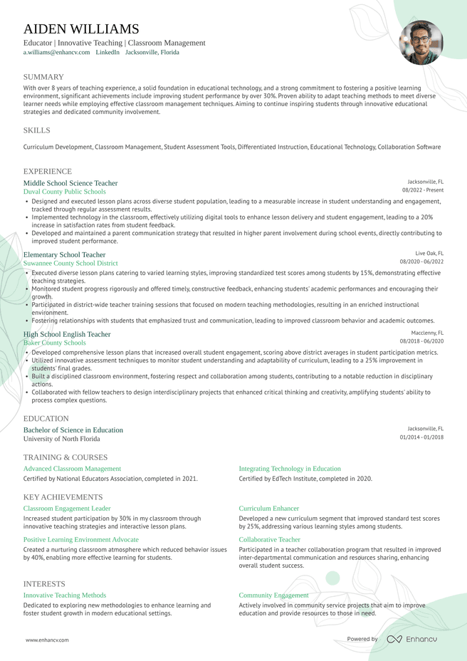 Classic ATS resume template featuring a traditional, highly readable layout and a real Teacher resume example.