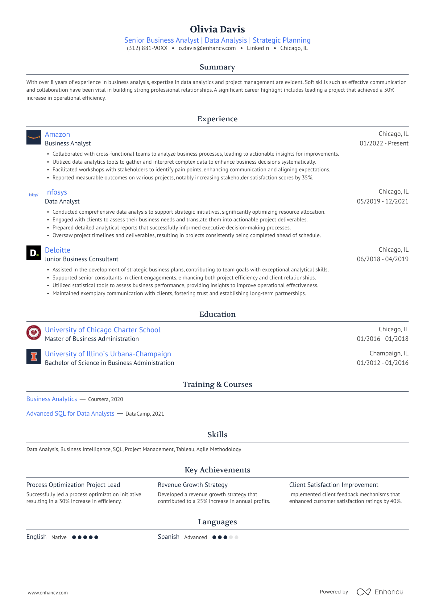 A single column, classic resume template with blue accent colors.