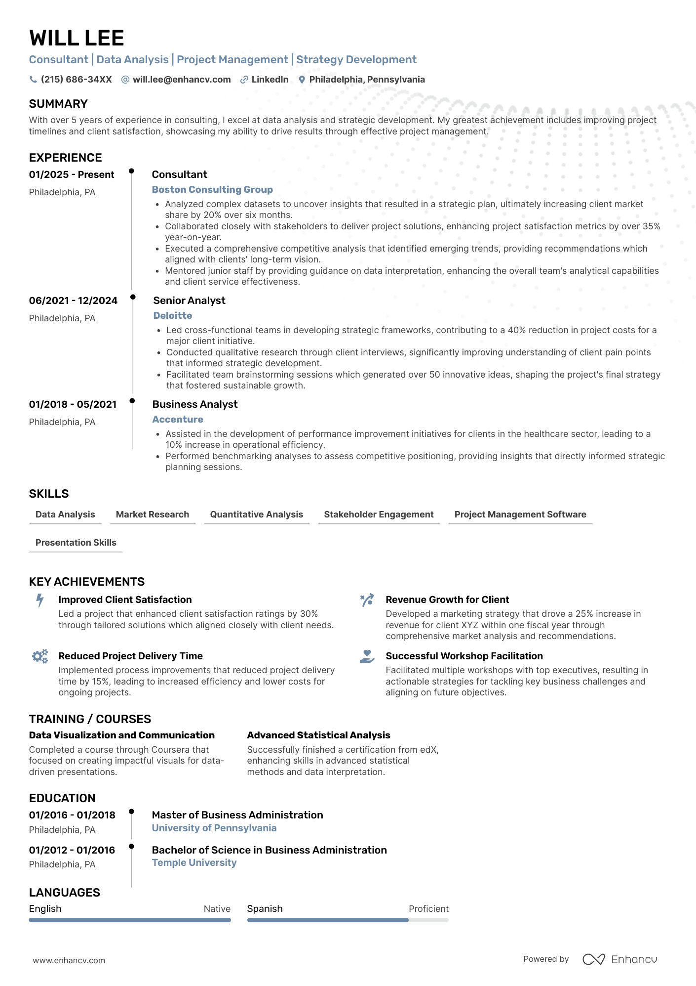 A single column timeline consulting resume template with blue accent colors.