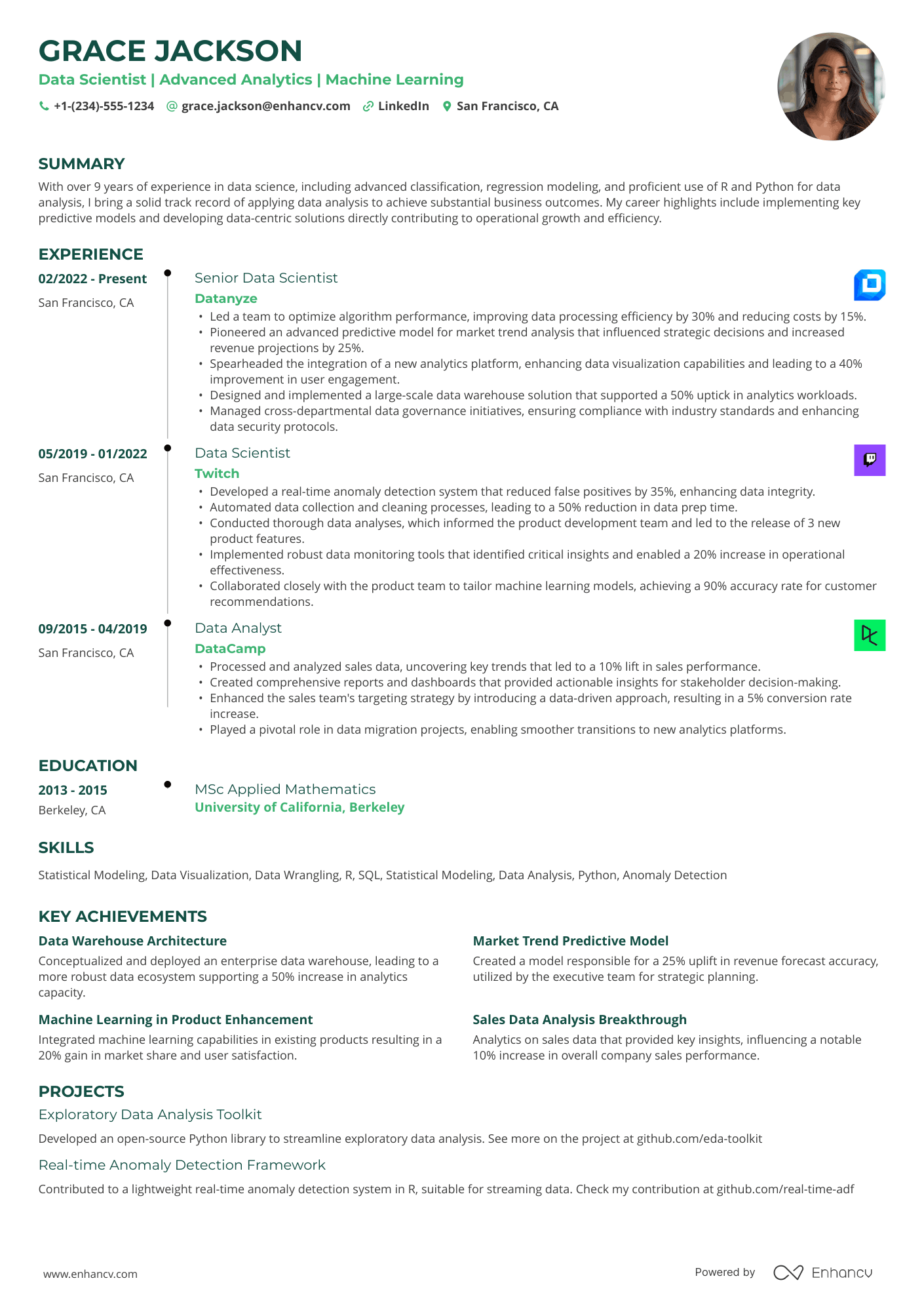 A single column timeline resume template with green accent colors.