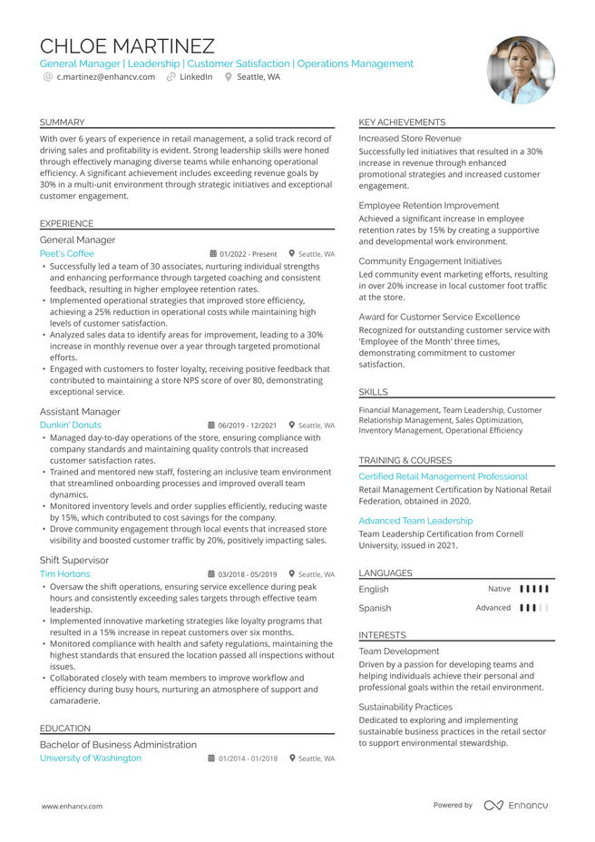 High Performer ATS Resume Template High Performer ATS resume template featuring a data driven layout with ATS compatible visual elements, tables, and a real General Manager resume example with a light blue accent color..