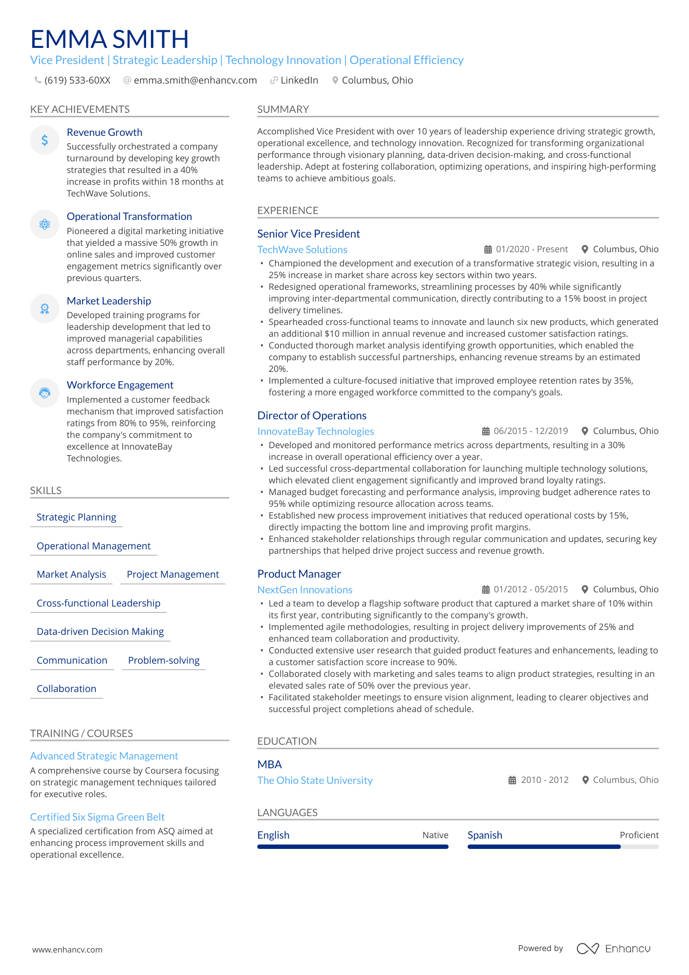 An artist resume template with blue accent colors.