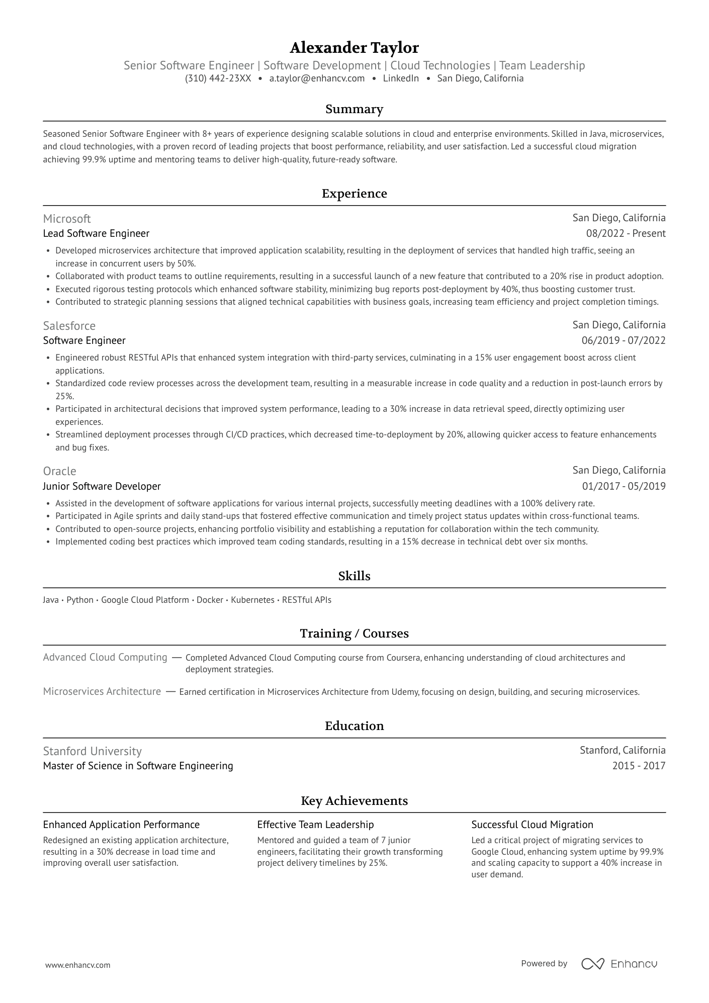 A single column, classic resume template with grey accent colors.