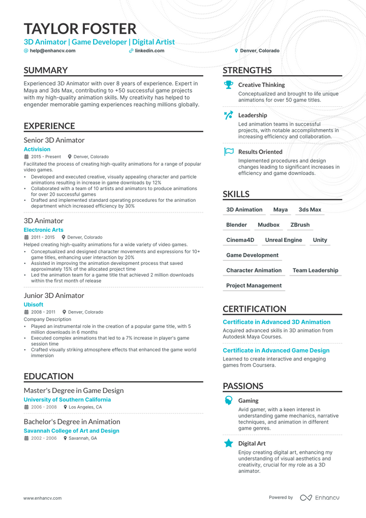3d animator resume example