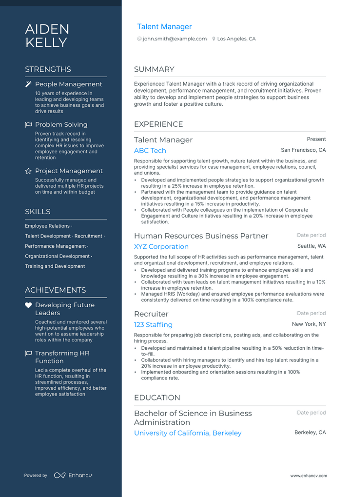 talent manager resume example