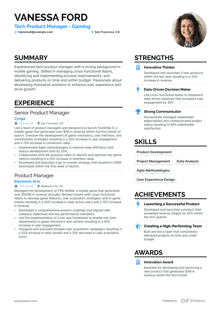 tech product manager resume example