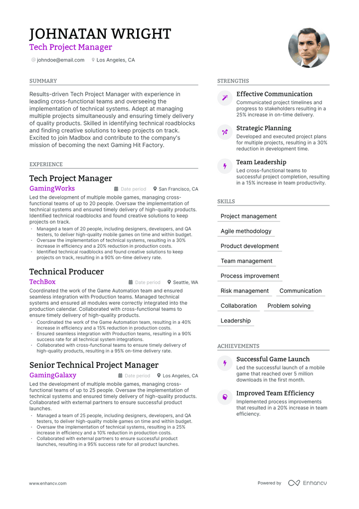 tech project manager resume example