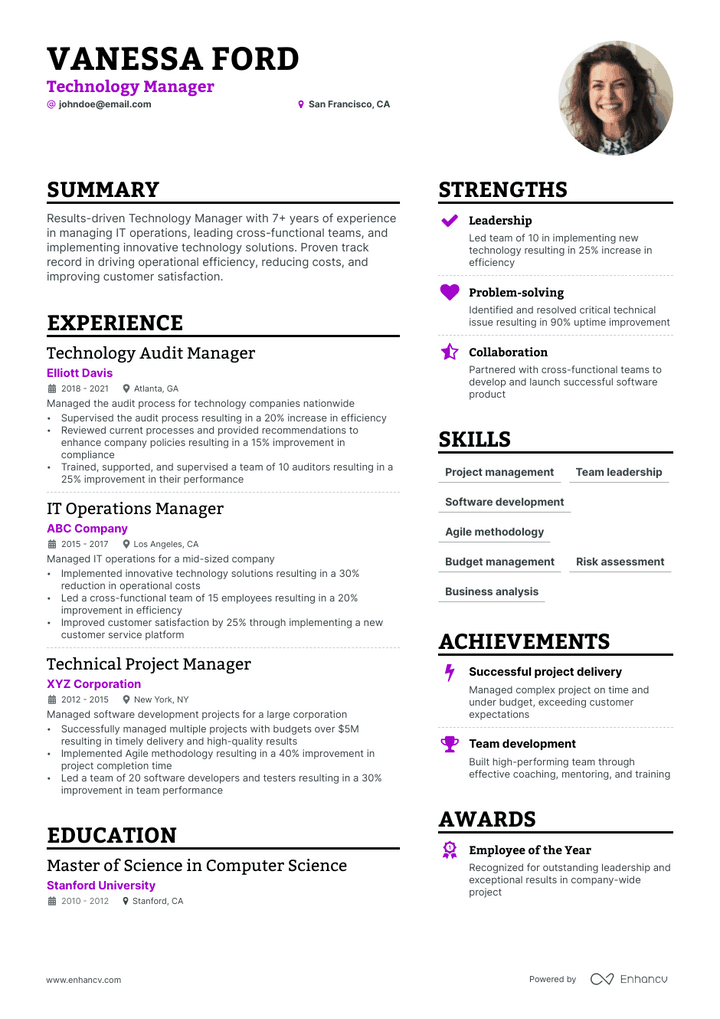 technology manager resume example