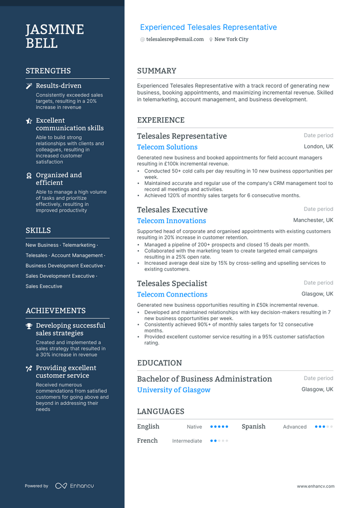 telesales representative resume example