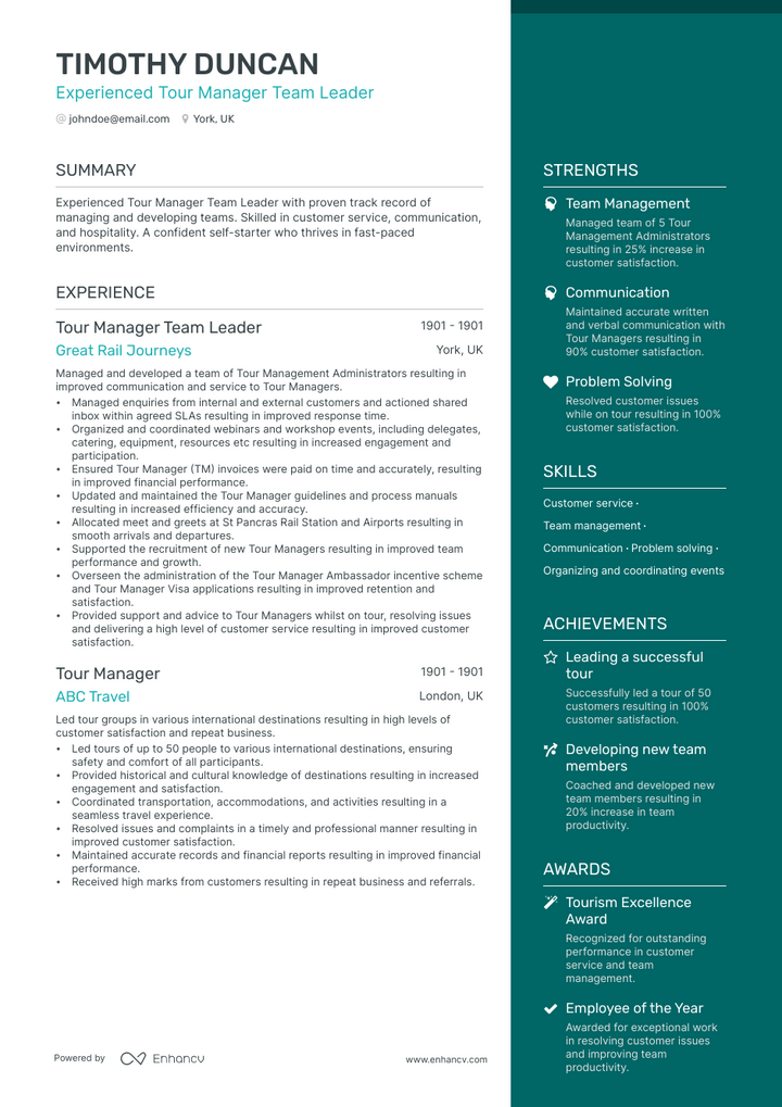 tour manager resume example