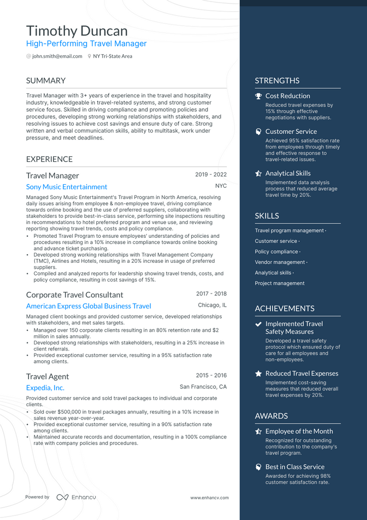 travel manager resume example