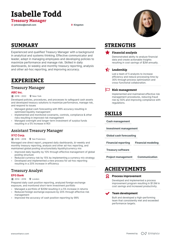 treasury manager resume example