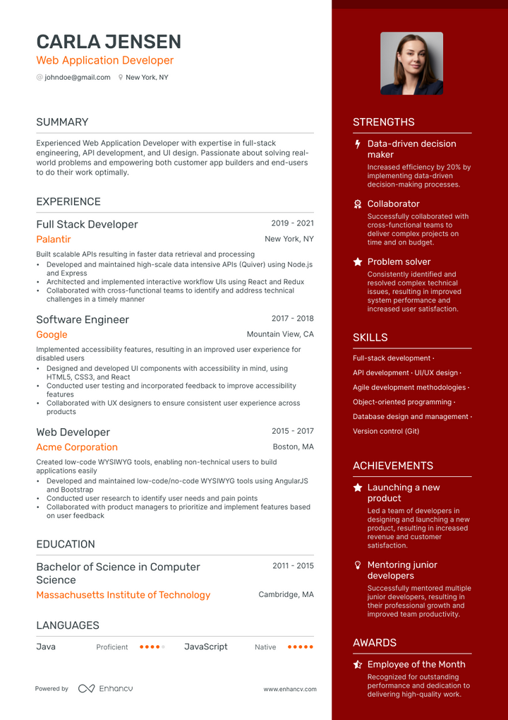 web application developer resume example