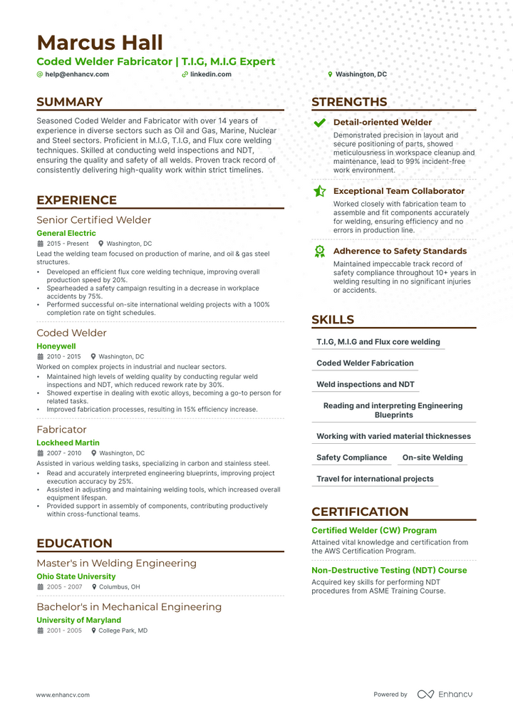 5 Welder Fabricator Resume Examples - AHR0cHM6Ly9jZG4uZW5oYW5jdi5jb20vcmVzdW1lcy93ZWxkZXItZmFicmljYXRvci1yZXN1bWUucG5n.