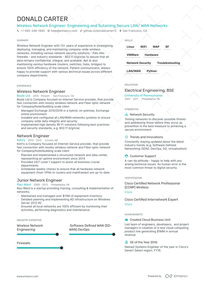 wireless network engineer resume example