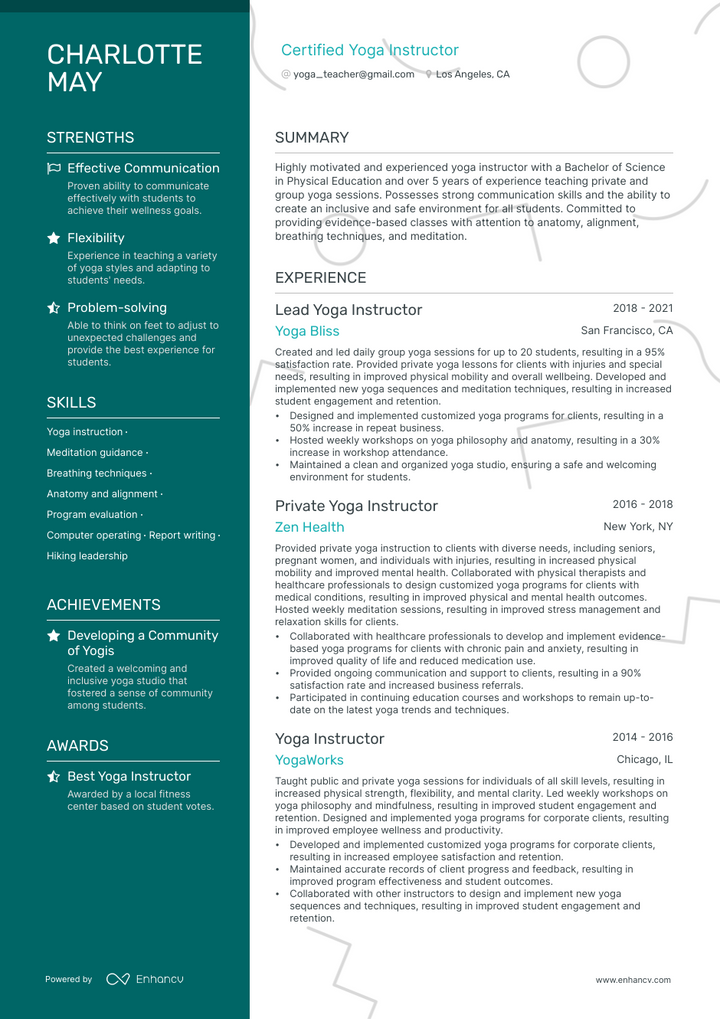 5 Yoga Teacher Resume Examples & Guide for 2023