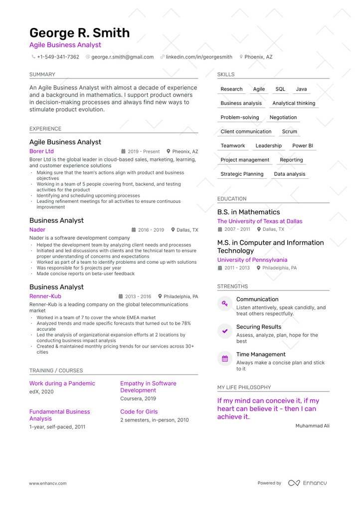 agile business analyst resume example